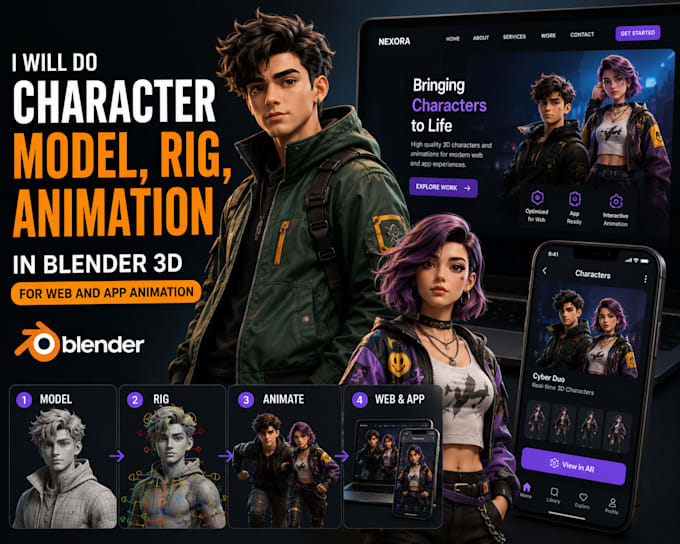 do character model, rig, animation in blender 3d for web and app animation