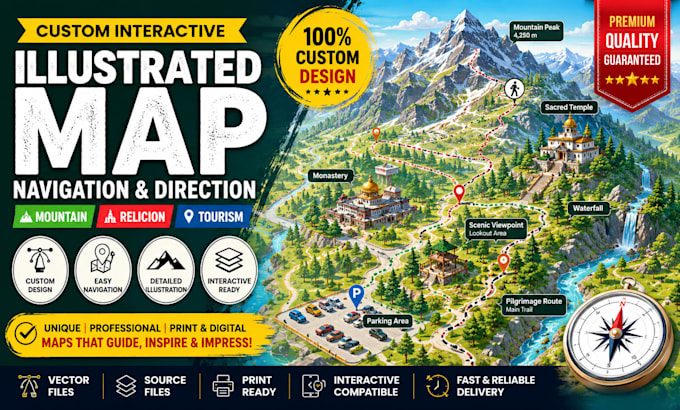 design custom interactive illustrated navigation direction mountain religion map