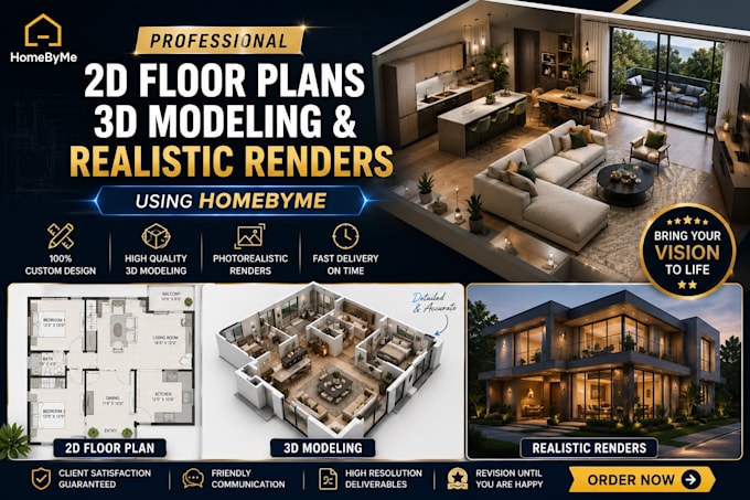 do professionally 2d floorplan, 3d modeling, 3d realistic render using homebyme