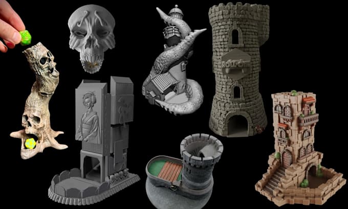 sculpt 3d printable dice tower, dnd terrain, castle, tabletop stl 3d model