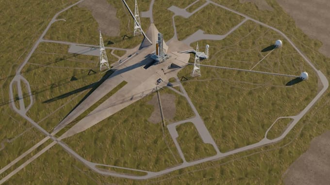 create 3d launch facility design, spaceport launch, rocket launch pad, aerospace