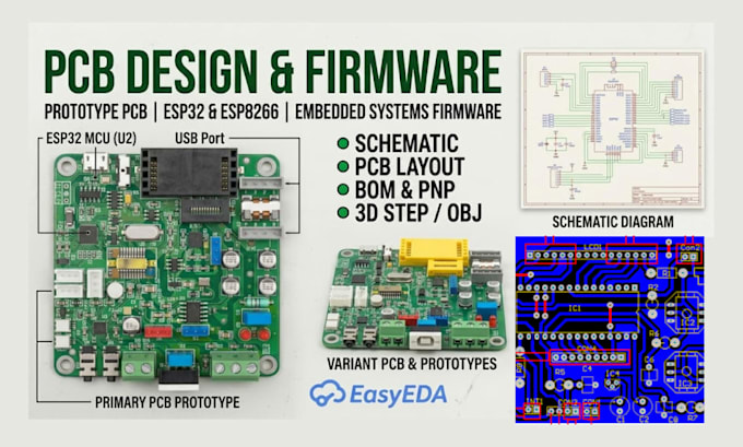 design pcb layout, prototype pcb, esp32 esp8266 embedded systems firmware