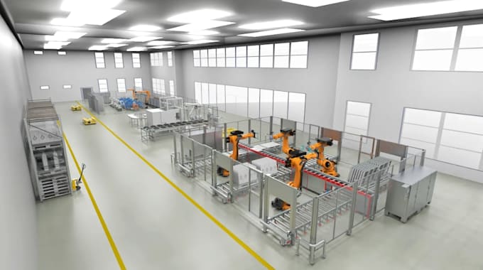 redesign 3d factory layout, warehouse plan, workshop facility and industrial