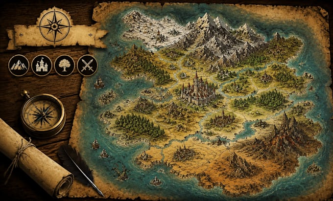 create hand drawn fantasy kingdom map, continent map, dnd world map