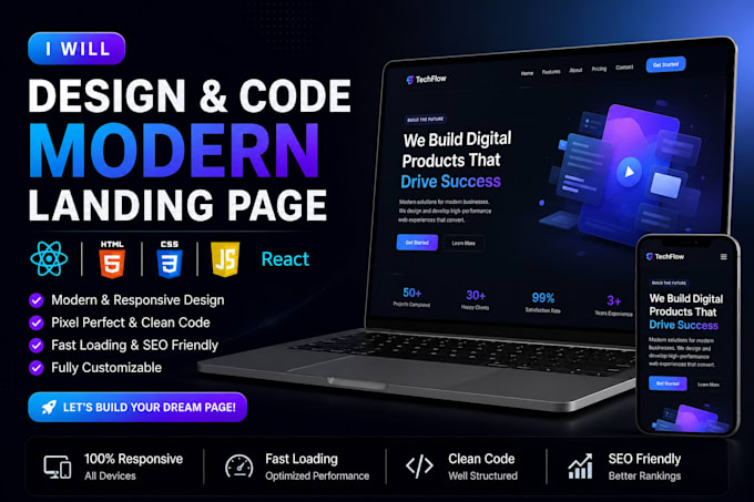design and develop a high converting landing page in HTML CSS and react