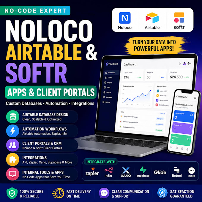 build noloco app, airtable database, softr client portal and automation