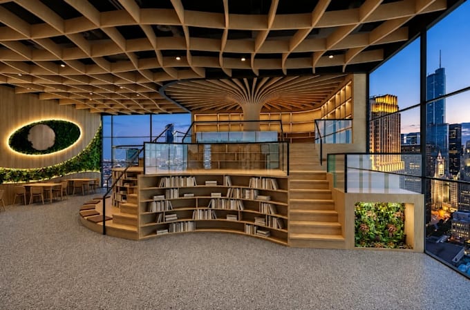 reorganize bookstore library interior,reading lounge,architecture cgi,cad layout