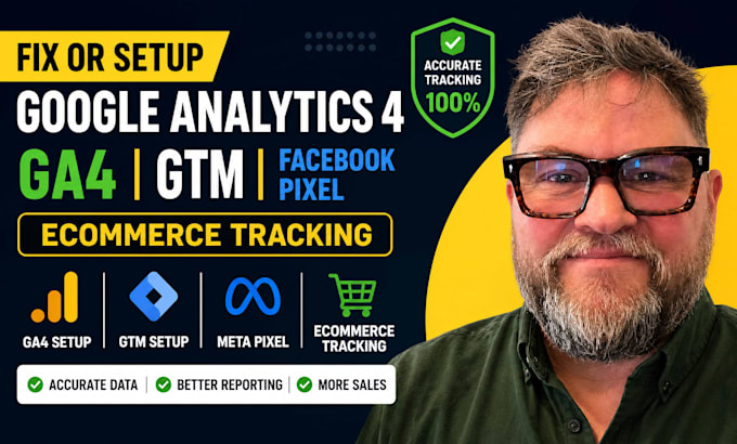 fix or setup google analysis 4, ga4 ecommerce tracking, facebook pixel meta, GTM