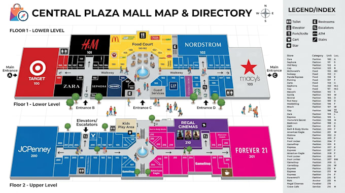 create office, business, store and mall locations maps with directory layout
