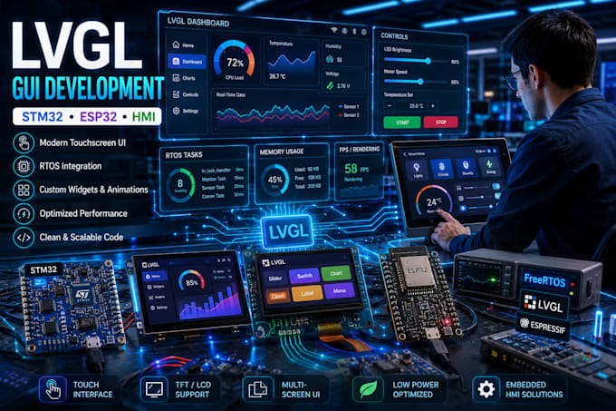 develop lvgl, embedded gui stm32 lvgl esp32 lvgl rtos gui hmi development