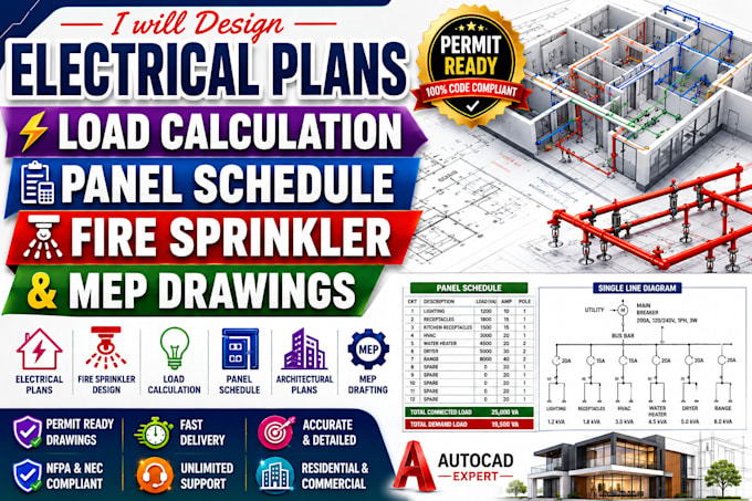 design electrical plans load calculation panel schedule fire sprinkler and mep