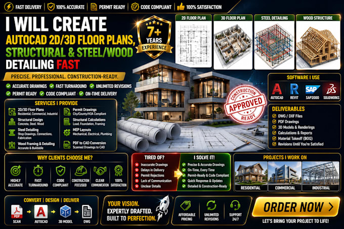 create autocad 2d, 3d floor plans, structural and steel, wood detailing fast