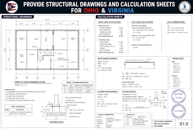 provide structural drawings and calculation sheets for ohio and virginia