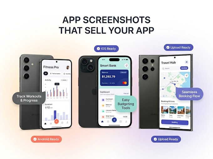design stunning app screenshots for ios and android apps saas, ecommerce