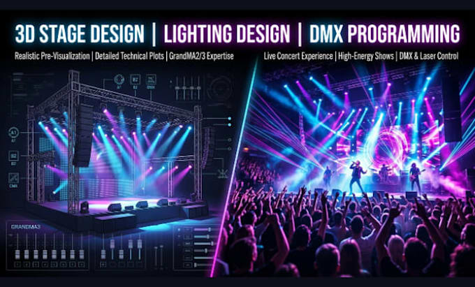 design concert stage lighting design, dmx programming and virtual stage design