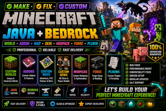 make fix custom minecraft java bedrock world addon map skin modpack forge plugin