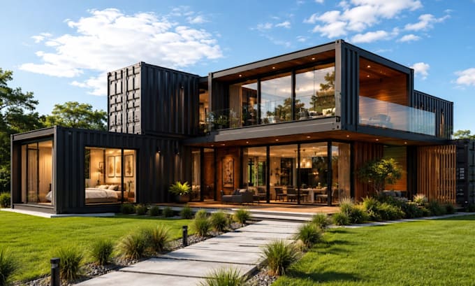 3d container home design shipping container house render  layout visualization