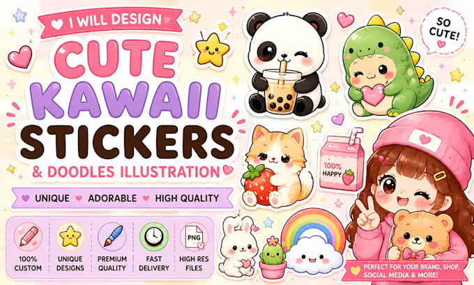 design cute kawaii stickers and doodles illustration