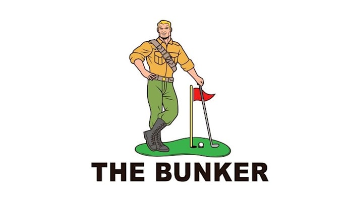 make fun loving office space logo with a golf club simulator