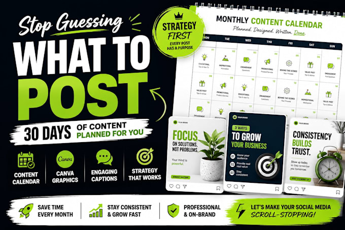 create a monthly social media content calendar with canva graphics and captions