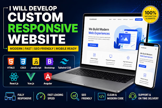 develop a custom responsive website using HTML CSS js react vue angular