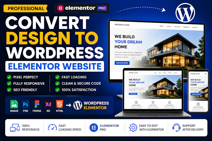 convert PSD, figma, HTML or image to wordpress elementor pro
