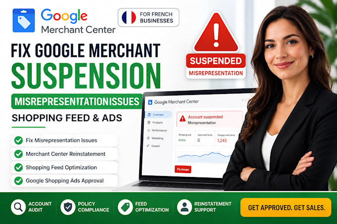 fix setup french google merchant suspension misrepresentation shopping feed ads
