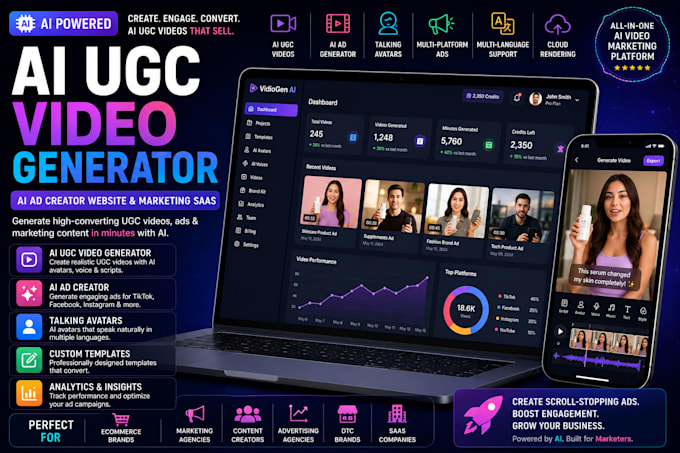 develop saas ai ugc video generator, ai ad creator, video marketing website