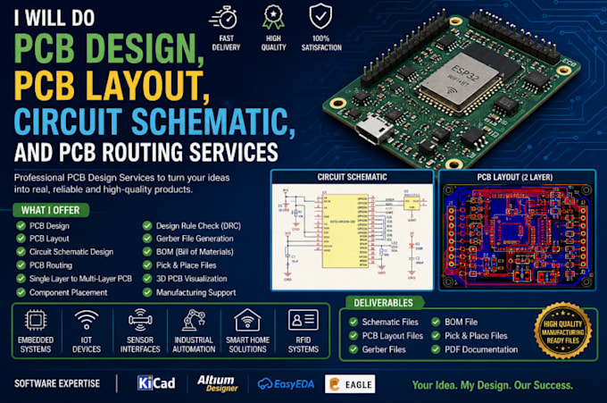 do pcb design, pcb layout, circuit schematic, and pcb routing services