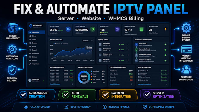 fix and automate iptv panel server  iptv  website with whmcs billing system