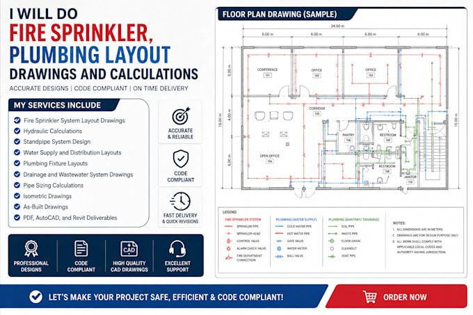 do fire sprinkler, plumbing layout drawings and calculations in usa