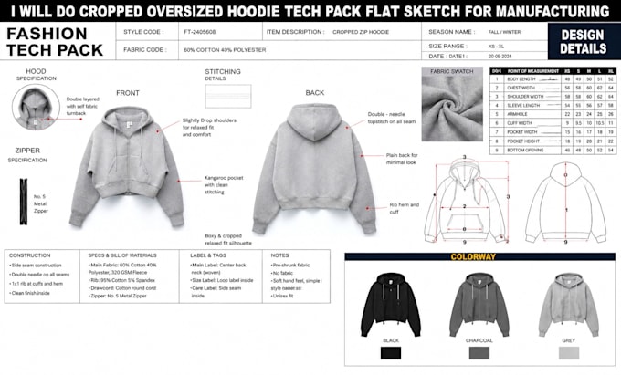 do cropped oversized hoodie tech pack flat sketch for manufacturing