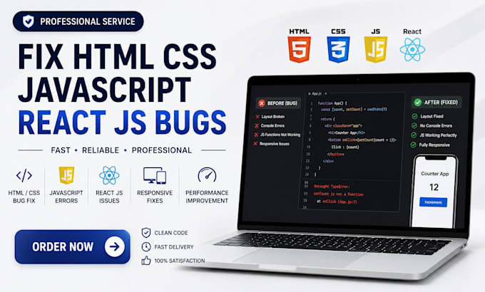fix HTML CSS javascript react js and frontend website issues