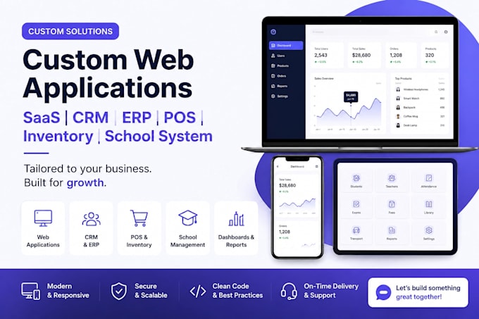 develop custom web app, saas, CRM, erp, pos, inventory and school system