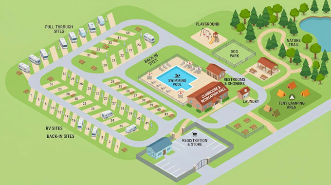 design isometric campground map, rv park map, resort map and campsite layout