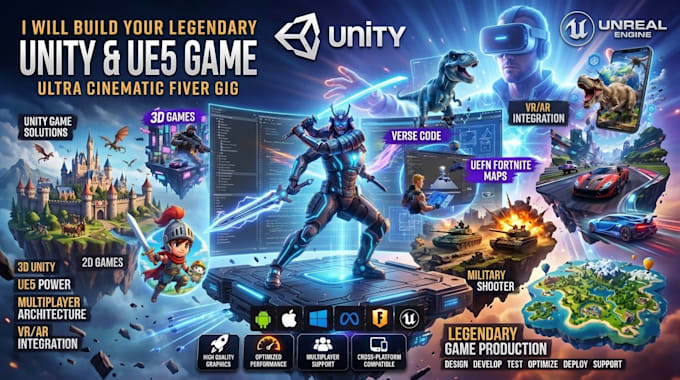 develop unity 2d 3d mobile game, VR ar oculus app, uefn fortnite map, verse code