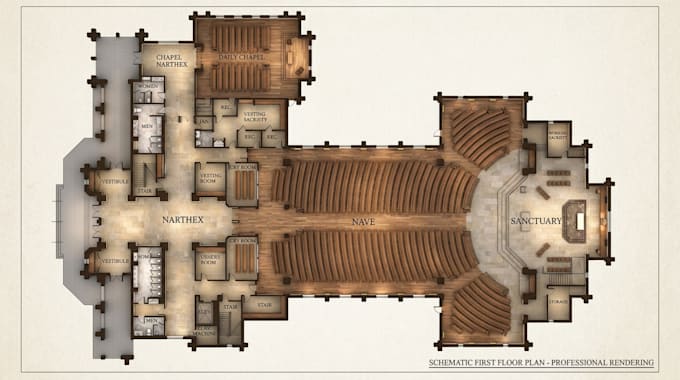 design church floor plan 3d interior, exterior rendering and modelling