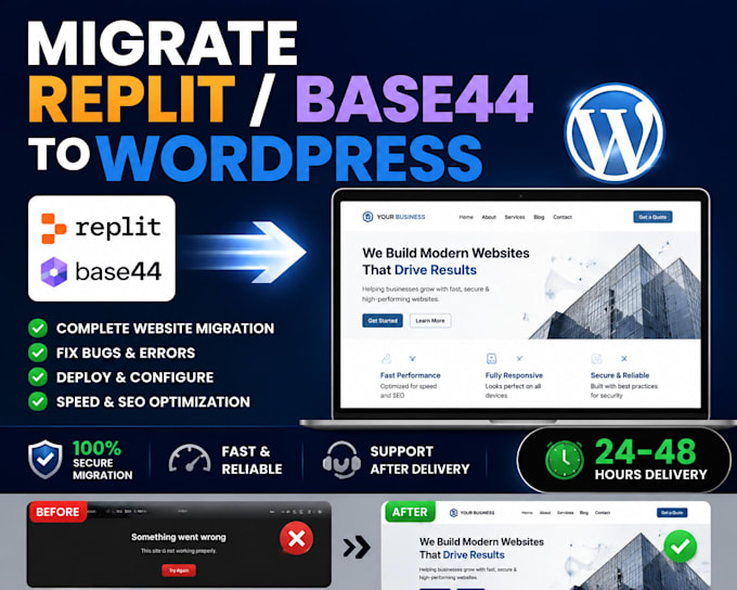 migrate wordpress website replit, base44 to wordpress fix or deploy websites