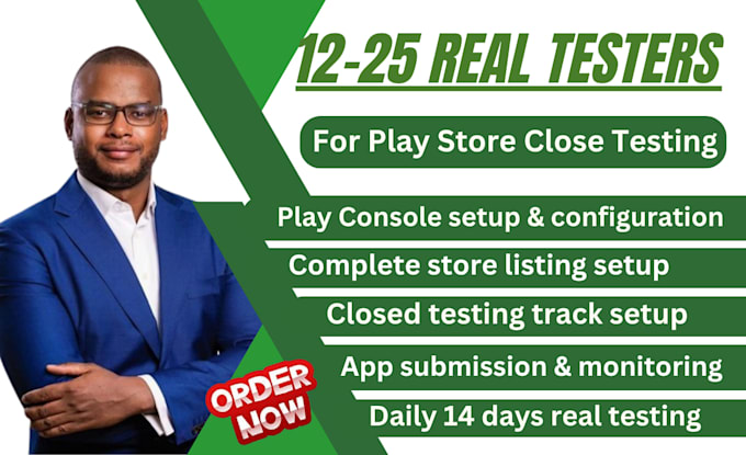 setup, provide 12 testers for closed testing for google play app, 12 app testers