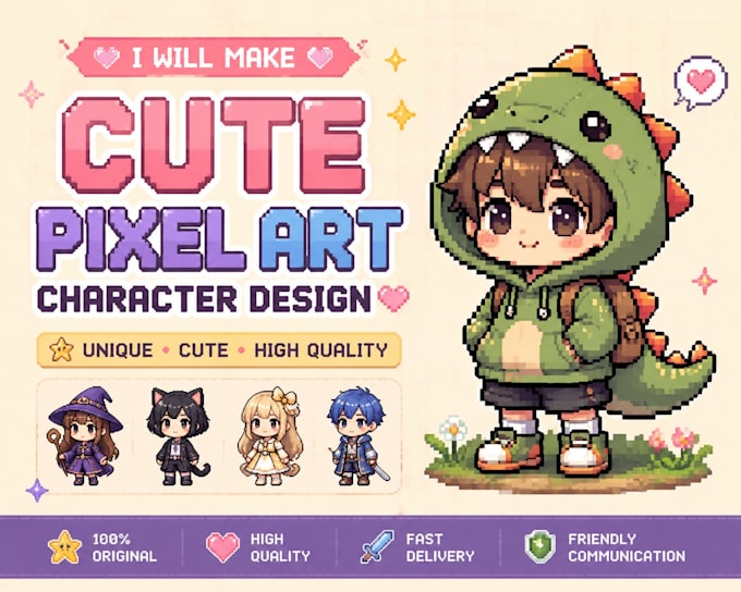 create pixel art characters, pixel game assets, icons, pixel backgrounds