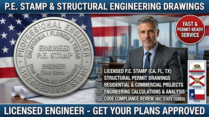 provide licensed structural permit drawings with pe stamp for texas, fl, and ca