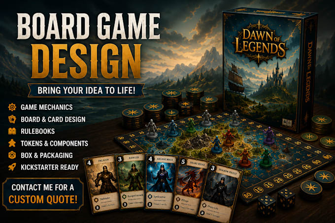 design board game, card game, tabletop game with rulebook and prototype