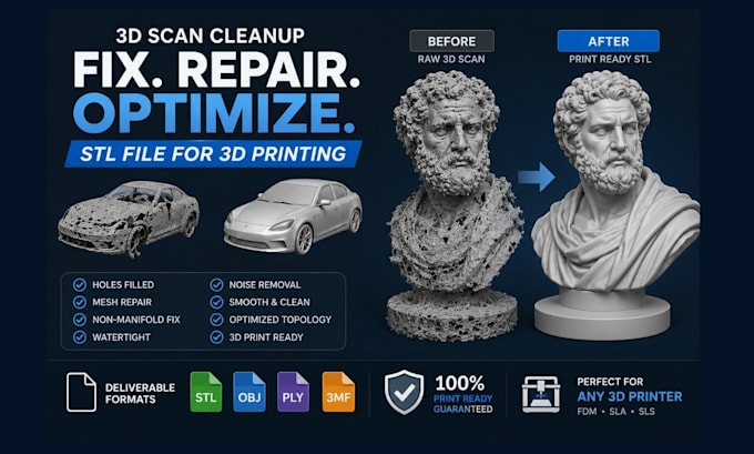 3d scan cleanup fix repair stl file optimize ai 3d scan model for 3d printing
