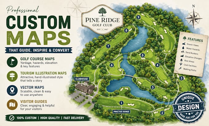 create golf course map, tourism illustration map, vector map, visitor guide