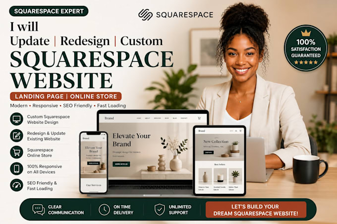 redesign, custom squarespace website, landing page, build online store website
