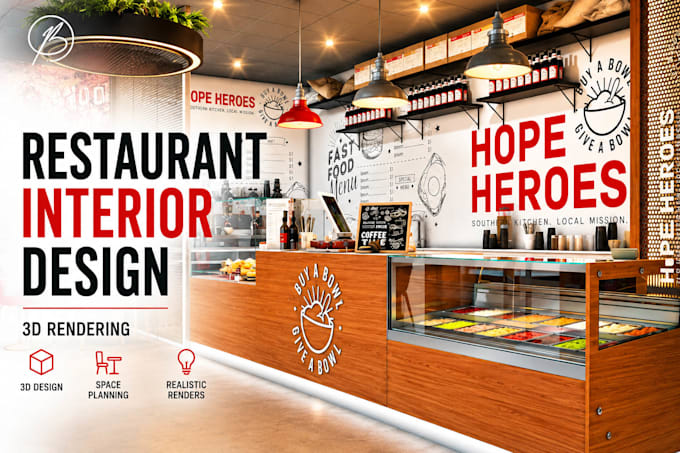 do 3d interior design render for your restaurant and cafe