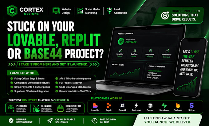 improve, fix, complete and launch ai built web or app, lovable, bolt, base44