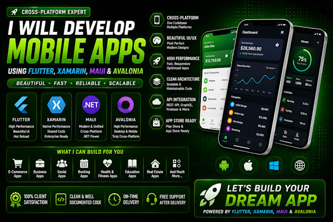 develop mobile apps using flutter xamarin maui avalonia, blazor