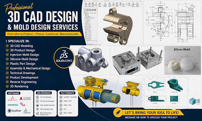 3d cad modeling, 3d product design, injection mold, silicone mold, solidwork cad