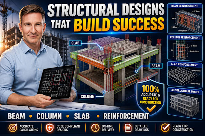 design structural drawings, beam layout, column layout and slab reinforcement